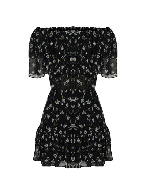 Черное шифоновое платье-мини с открытыми плечами, 2