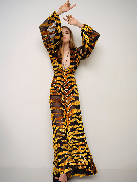 Черно-желтое платье-макси из шифона и бархата, 7