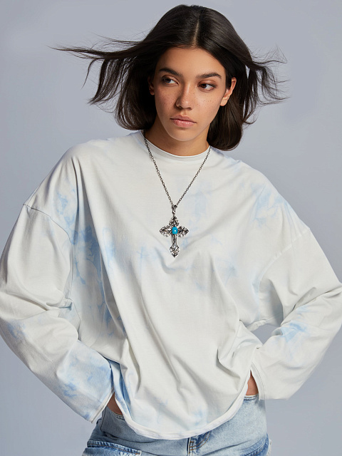 Бело-голубой tie-dye лонгслив из хлопка, 4 Бело-голубой tie-dye лонгслив из хлопка, 4