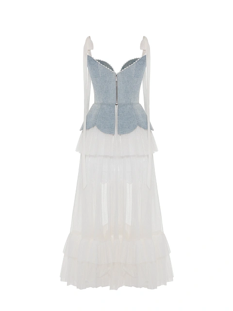 Платье-макси из голубого денима и белой сетки, 2