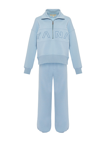 Голубой монохромный трикотажный костюм с вышивкой, 2