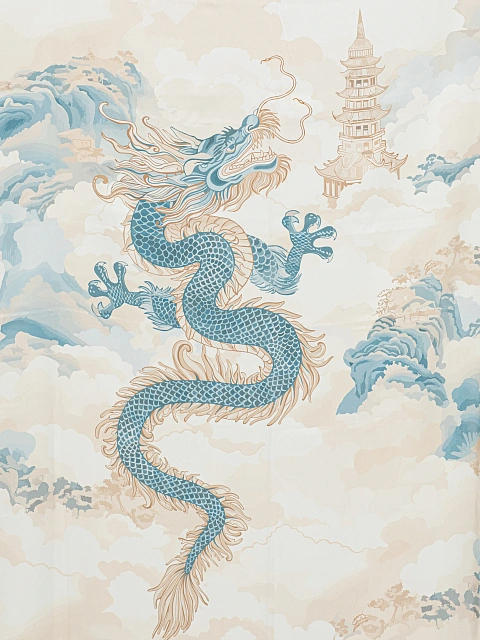 Бежевый шелковый платок с голубым принтом, 3