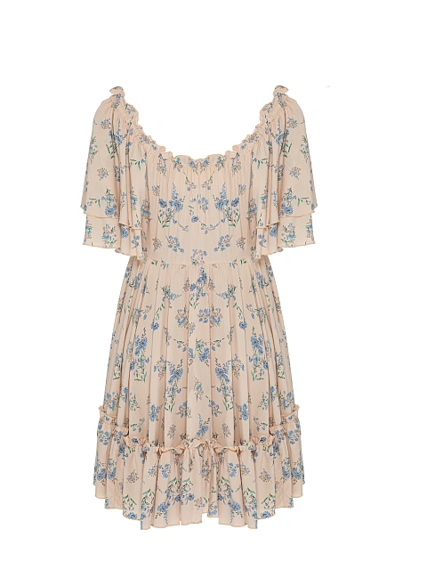 Бежевое платье-мини из вискозы с голубым цветочным принтом и воланами, 2