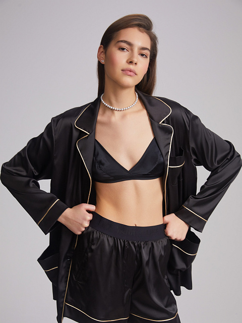 Черная шелковая пижама с бежевым кантом, 8