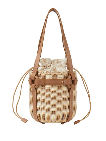 Плетеная сумка-ведро с коричневой кожаной отделкой, 1