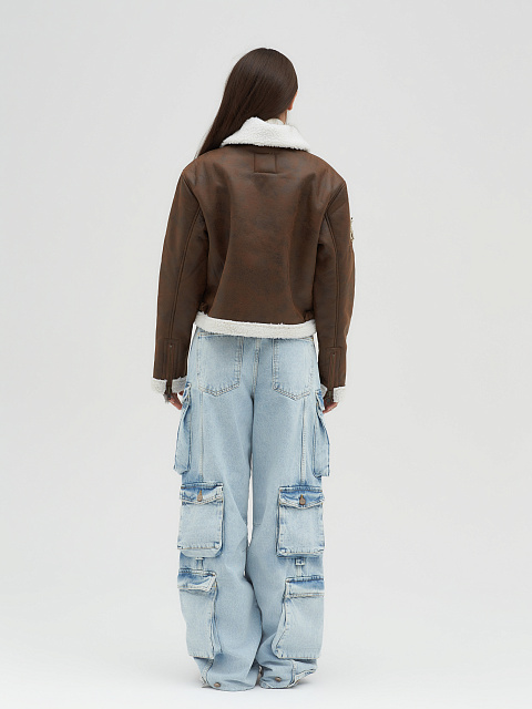 Коричневая укороченная дубленка из эко-меха, 8