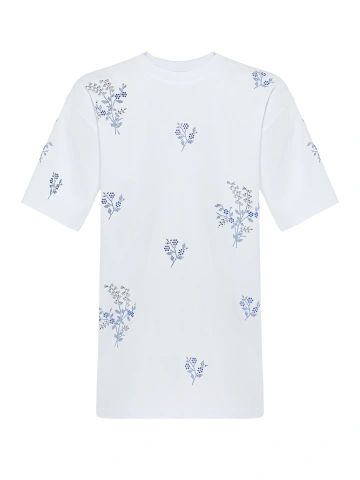 Белая хлопковая футболка с голубыми цветами из страз, 1