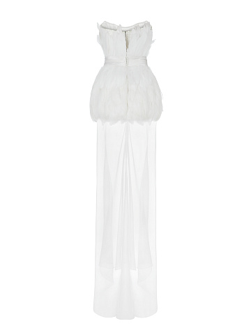 Белое платье-макси из шелка с отделкой из перьев, 2