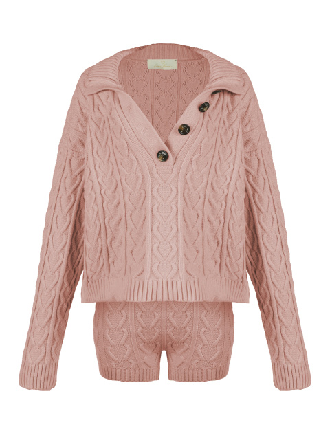 Розовый вязаный комплект из пуловера и шорт, 1