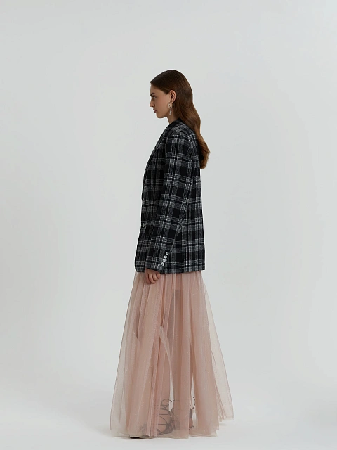 Черный объемный жакет в белую клетку, 6