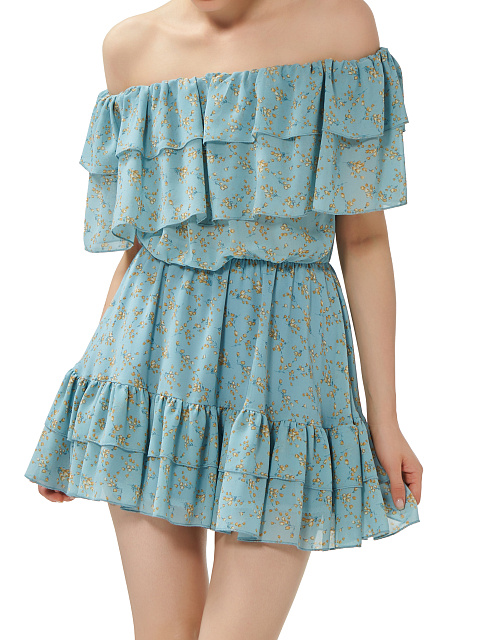 Голубое шифоновое платье-мини с открытыми плечами, 4 Голубое шифоновое платье-мини с открытыми плечами, 4