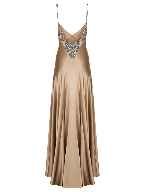 Бежевое шелковое платье-макси с вышивкой, 2