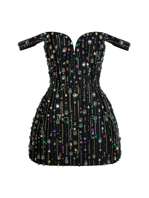 Черное платье-мини с разноцветными камнями и кристаллами, 1