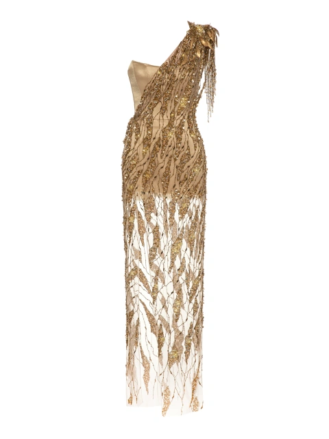 Золотистое асимметричное платье-макси из сетки с бисером, 1