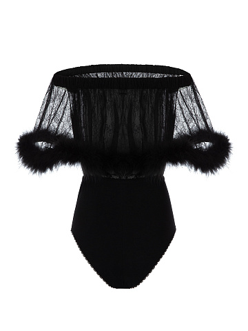 Черное кружевное боди с боа, 2