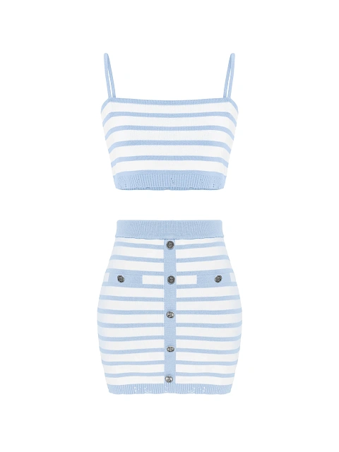 Белый комплект в голубую полоску из топа и юбки-мини, 1