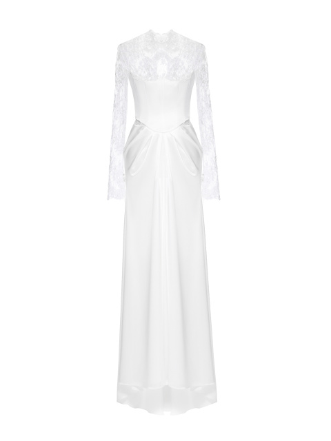 Белое платье-макси из шелка с кружевом и бисером, 1
