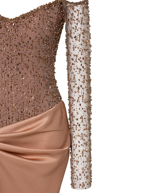 Бежевое платье-макси из шелка и сетки с кристаллами, 4