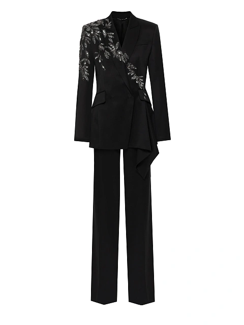 Черный костюм-двойка из шерсти с асимметричным жакетом и вышивкой, 2