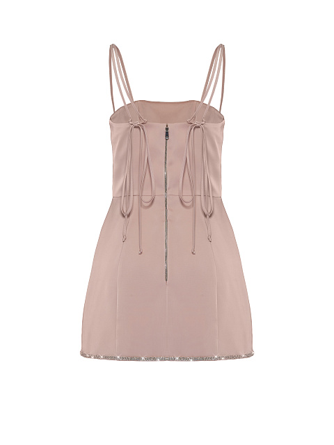 Пудрово-розовое атласное платье-мини со стразами на подоле, 2