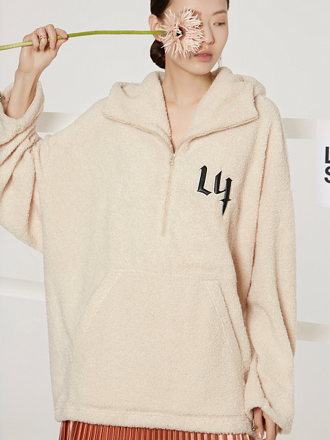 Молочное объемное худи из ткани букле, 6