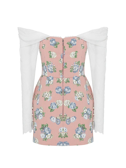 Розовое платье-мини из хлопка с цветочным принтом и кружева, 2