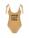 Купальник из бежевого бифлекса, завязки по плечам, открытая спина, принт Young wild free