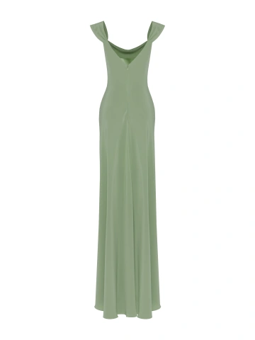 Светло-зеленое платье-макси из шелка с высоким разрезом, 2