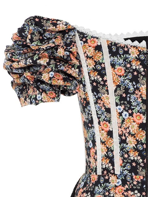 Черное платье-миди из хлопка с цветочным принтом и белым кружевом, 3