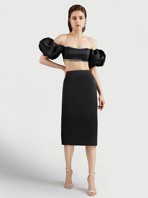 Черная атласная юбка-миди, 6