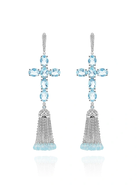 Серьги-кисти с крестами из белого золота и с топазами Sky Blue, 1