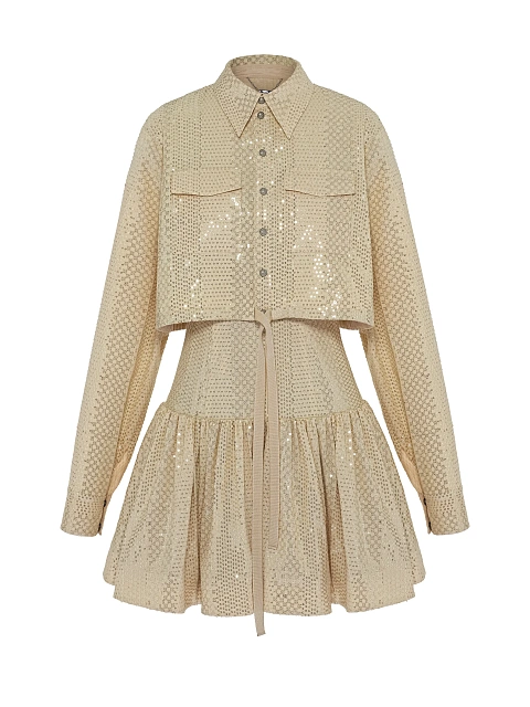 Золотистый комплект из платья-мини и рубашки в пайетках, 2