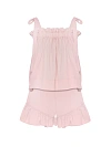 Комплект розовый, топ на завязках + шорты с рюшами, черная резинка LY
