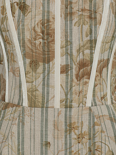 Бежевое льняное платье-мини с цветочным принтом, 3