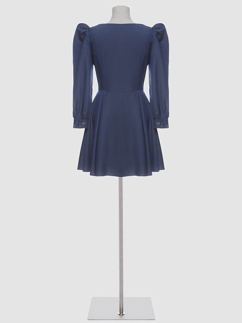 Платье из темно-синей джинсы, отрезная талия, вырез каре, вышивка манжет, планка,складки, 2 Платье из темно-синей джинсы, отрезная талия, вырез каре, вышивка манжет, планка,складки, 2