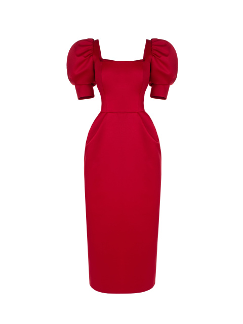 Красное атласное платье-миди, 1