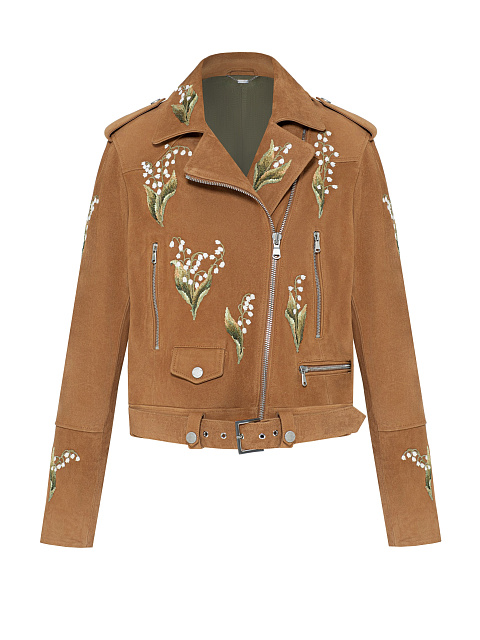 Укороченная коричневая косуха из замши с вышивкой в виде ландышей, 1