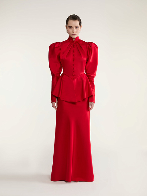 Красное шелковое платье-макси с баской, 3