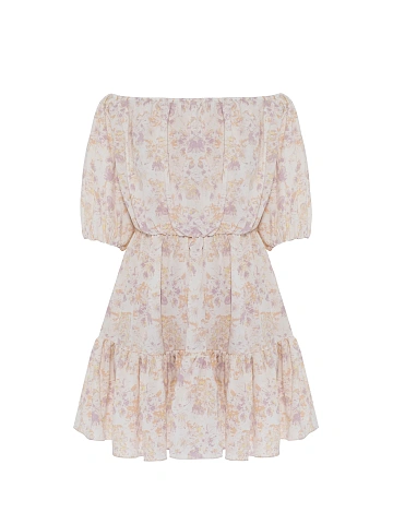 Платье-мини с сиреневым цветочным принтом, 1