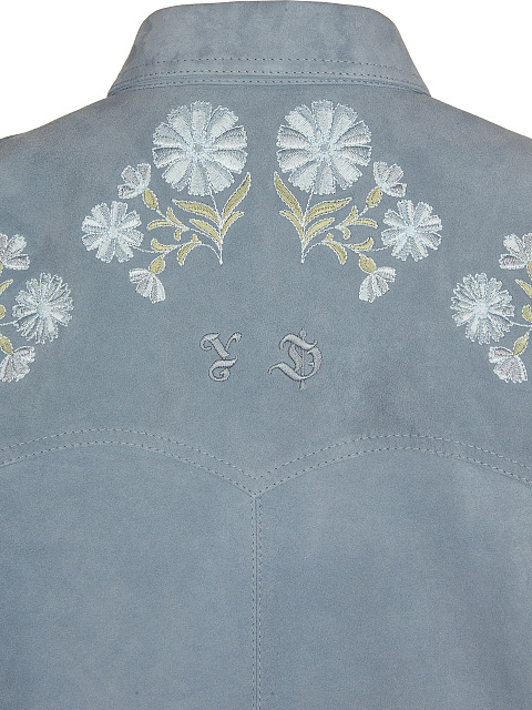Голубая укороченная замшевая куртка с вышивкой на спине, 3