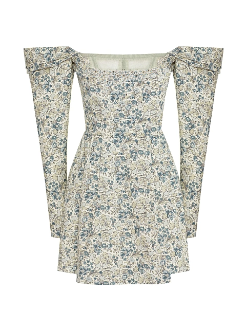 Платье-мини из хлопка с цветочным принтом и открытыми плечами, 1