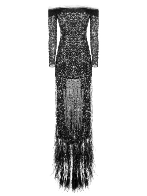 Черное шелковое платье-макси с камнями и перьями, 1