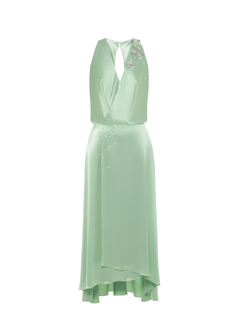 Зеленое платье-миди из шелка с бисером и стразами, 1