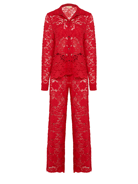 Красный кружевной костюм из рубашки и брюк, 2