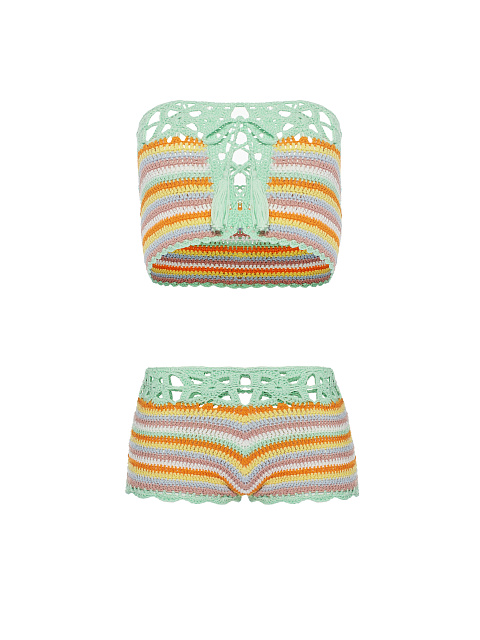 Мятный комплект из топа и шорт в технике кроше, 1