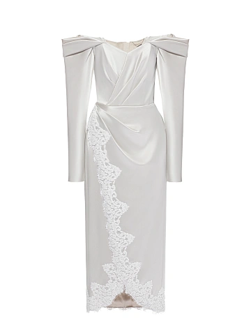 Светло-серое платье-миди из шелка с кружевом, 1