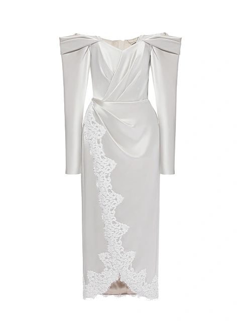 Светло-серое платье-миди из шелка с кружевом, 1 Светло-серое платье-миди из шелка с кружевом, 1