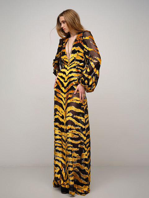 Черно-желтое платье-макси из шифона и бархата, 5