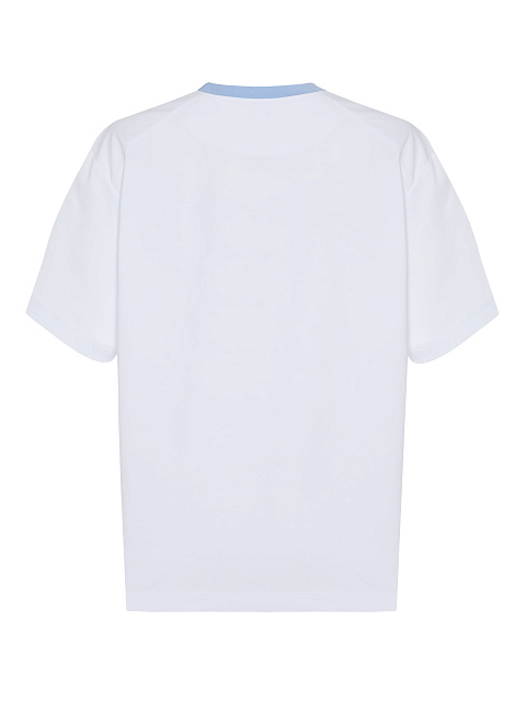 Белая футболка из хлопка с голубым кантом и принтом, 2 Белая футболка из хлопка с голубым кантом и принтом, 2