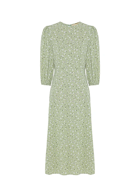 Зеленое платье-миди с рукавами-фонариками и принтом, 1 Зеленое платье-миди с рукавами-фонариками и принтом, 1